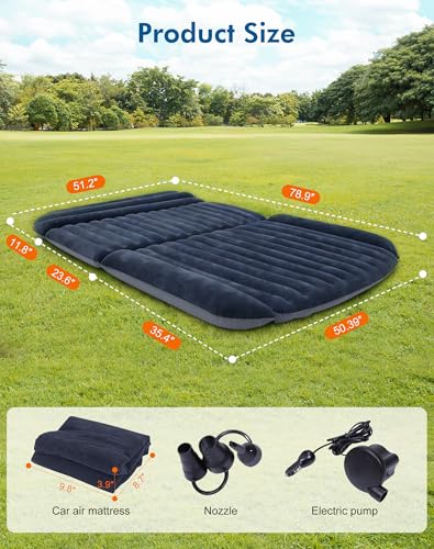 HAOYAO Blue SUV Air Mattress Inflatable Car Bed with Flocked Surface, Adjustable Bolsters & Electric Pump