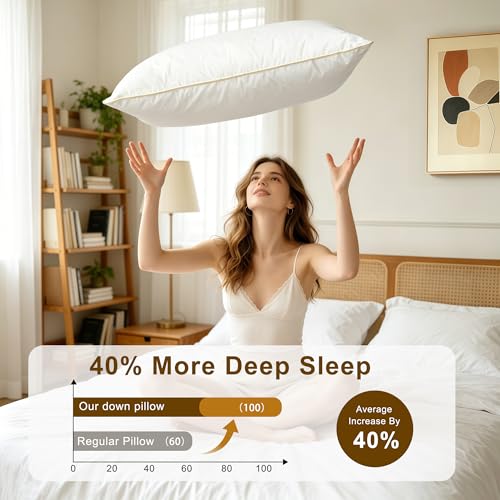 FARINA Queen Size Goose Feather Down Pillows Set of 2 with 600T Cotton Cover