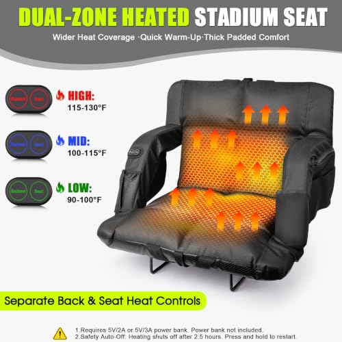Wide Dual-Zone Heated Stadium Seat with Back Support - 25in, Extra Thick Cushion, Adjustable Backrest & Cup Holder