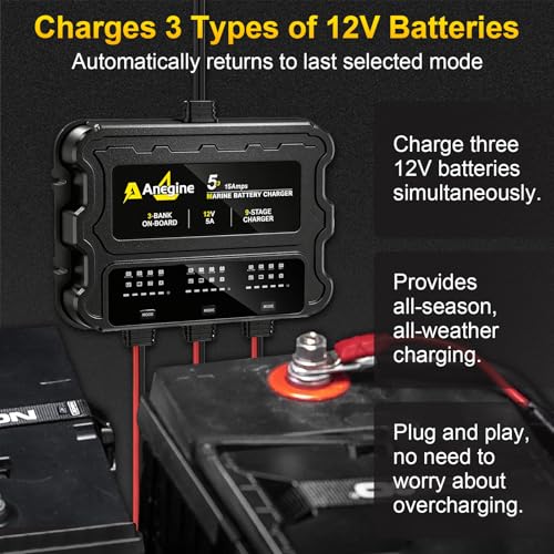Anegine 15A 3-Bank Marine Battery Charger 12V Waterproof LCD for Lead-Acid & Lithium