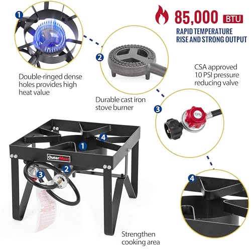OutdoorMust Single Burner Square Propane Gas Stove with 10 PSI Regulator - Heavy Duty Camping and Cooking