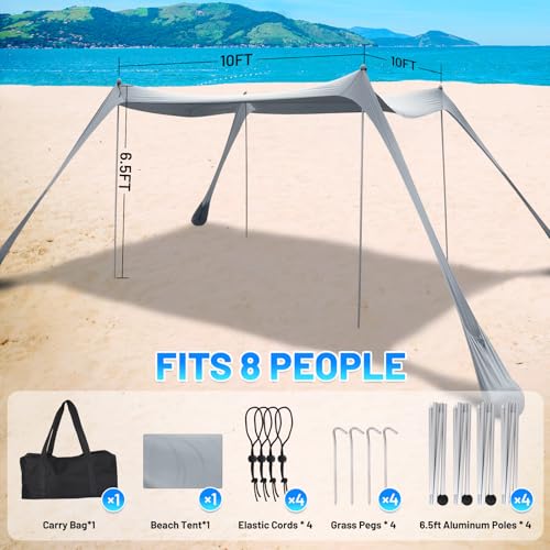 Gray 10x10FT Family Beach Tent Canopy Sun Shade with 4 Poles, Portable & Waterproof
