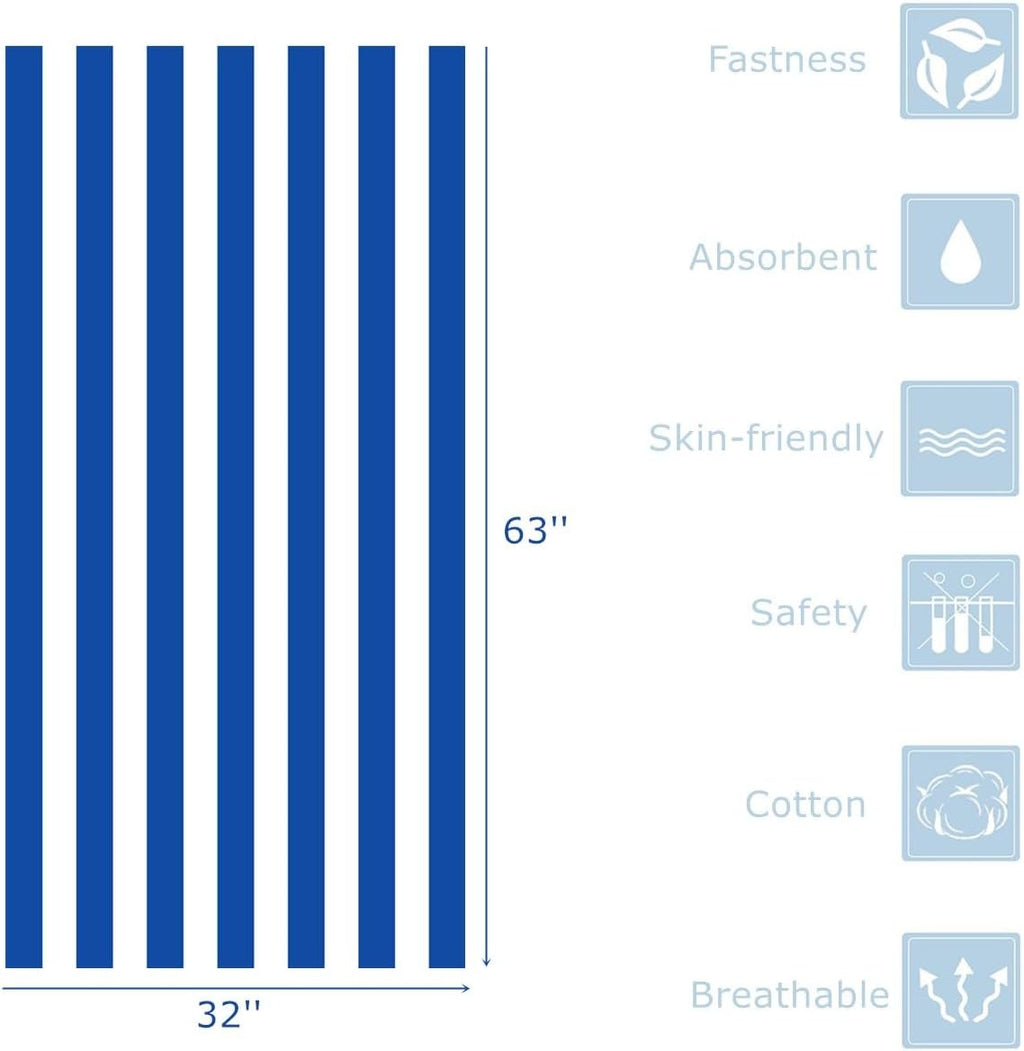 Skiennix Oversized Cotton Beach Towel - Quick-Dry, Absorbent, Lightweight | Striped Blue 32'' x 63''