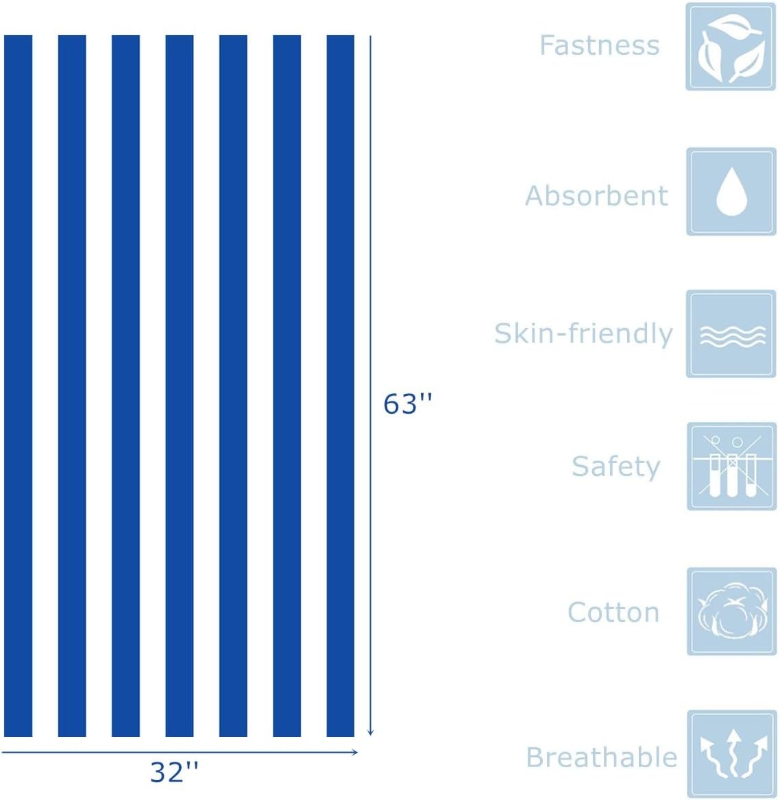 Skiennix Oversized Cotton Beach Towel - Quick-Dry, Absorbent, Lightweight | Striped Blue 32'' x 63''