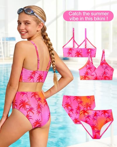 Girls 2-Piece Swimsuit Bikini Set with Adjustable Shoulder Straps - Pink Gradient Coconut Tree / 12
