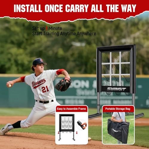 SwingIt 9 Hole Baseball Pitching Net with Strike Zone - Heavy Duty, Adjustable Height, Portable Practice Target for Accuracy Training