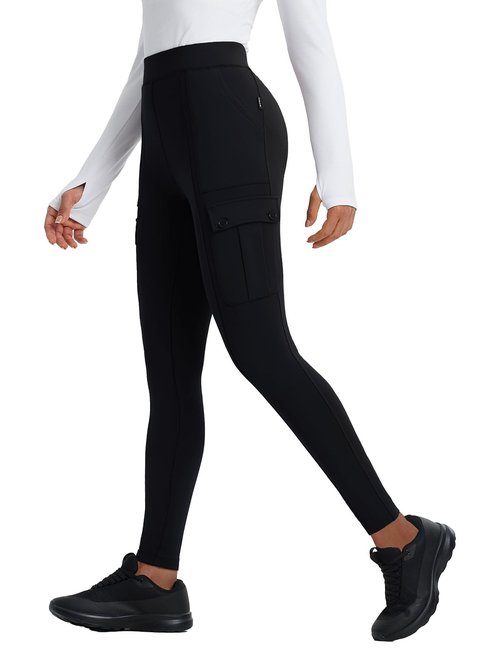 baleaf Women's Fleece Lined Leggings Thermal Hiking Pants Water Resistant Pockets Winter Warm Cargo Insulated Tights Black S