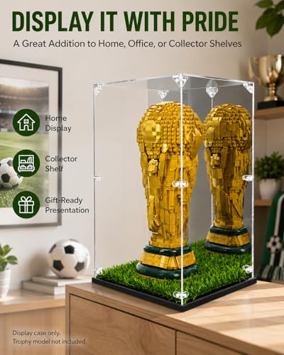 Acrylic Display Case for LEGO 43020 FIFA World Cup Trophy - 10.6 x 10.6 x 16.9 inches, Mirror Back & Turf Base