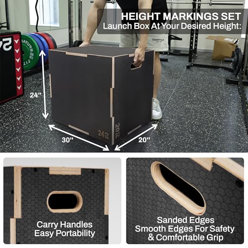 Signature Fitness Wooden Plyo Box Jump Platform Gray 20x24x30 in - Non-Slip, Multi-Size Home Gym Equipment