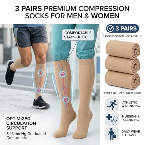 Compression Socks for Men & Women 8-15mmHg Knee-High Support – 3 Pairs, Large X-Large, Beige