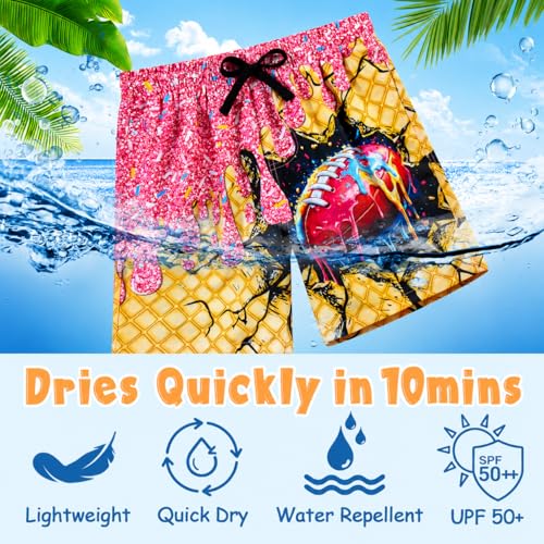 Idgreatim Boys Swim Trunks with Compression Liner - Pink Ice Cream Drip Football, 10-13 Years