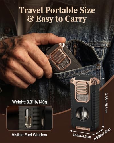 5-in-1 Butane Torch Lighter with Copper & Matte Black - Windproof Triple Jet Flame, Punch & V Cutter, Refillable Pocket Tool