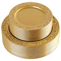 102 pcs Brown Gold Plastic Plates Set - Lace Design Disposable Dinner & Salad Plates - Solid Gold Variation