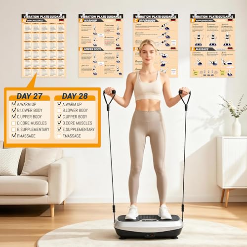 Yellow 11.8x16.5 Inch Vibration Plate Workout Poster Set - 3 Exercise Charts & 30-Day Planner