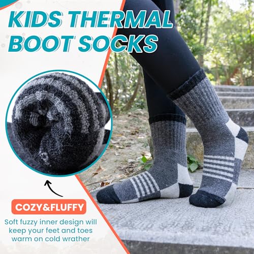 Toddler Kids Merino Wool Hiking Socks 6 Pairs Winter Warm Thermal Crew Socks - Grey, Blue, Purple 13-15 Years