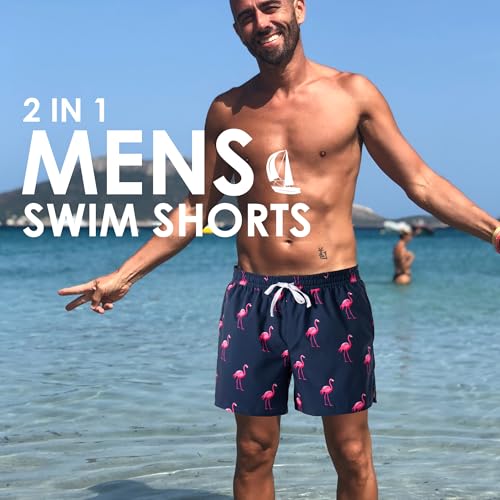 Men's Swim Trunks - Quick Dry Beach Hawaiian Board Shorts with Pockets, Large Pink Stripe