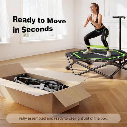 EAST MOUNT Green 42-Inch Foldable Mini Trampoline for Adults, Quiet Indoor Rebounder with Adjustable Handle, 450lbs Capacity