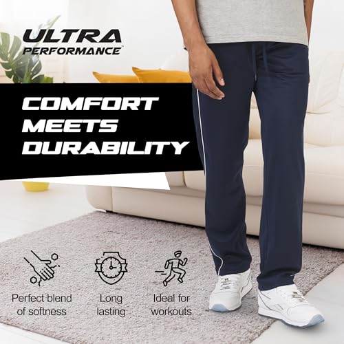 Men's Athletic Track Pants 3 Pack - Open Bottom Sweatpants, X-Large Black White & Navy