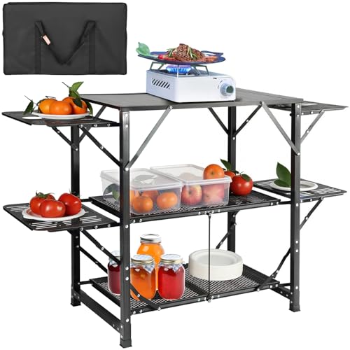 Camping Kitchen Table - Aluminum Folding Portable Cook Station with 4 Side Tables & Bag - Black 1