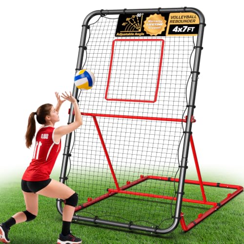 Volleyball Rebounder Net 4x7FT with Heavy-Duty Stability Base - Red & Black