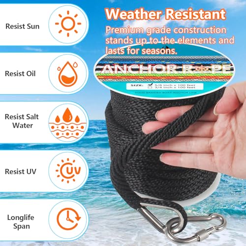 DEDU 5/8 Inch 100 FT Marine Anchor Rope with Stainless Steel Thimble & Snap Hook, Black