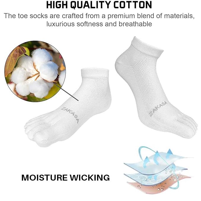 CaiDieNu No Show Toe Socks for Men - Five Finger Cotton Running Ankle Socks 13-15 White
