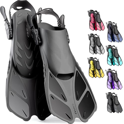 Snorkel Fins Short Travel Size Flippers for Swimming & Snorkeling - Black / S/M