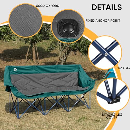 Northroad Oversized 3-Person Camping Loveseat Chair Dark Green & Grey - Heavy Duty Foldable Outdoor Seating with Cup & Wine Glass Holders