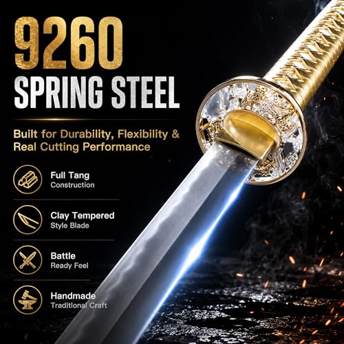 CANGDT Gold Handmade Samurai Katana Sword - 9260 Spring Steel, Full Tang, Practice & Collection