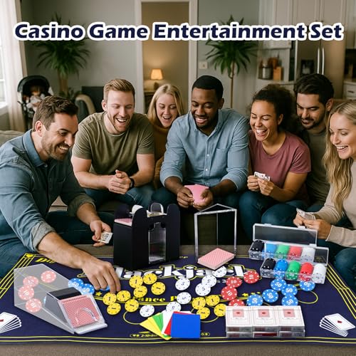 Casino Poker Set with Chips, Cards, Shuffler & Felt Table - Blue
