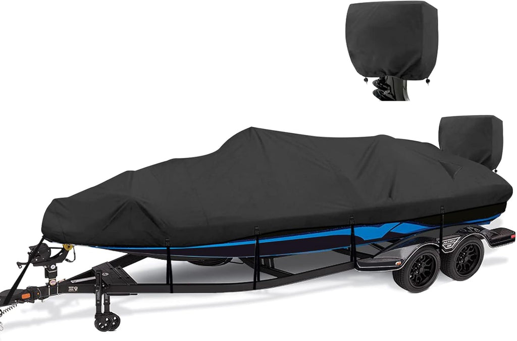 1200D Waterproof Boat Cover - Heavy Duty Canvas for 16' to 18.5' Bass, V-Hull & Bowrider Boats - Black