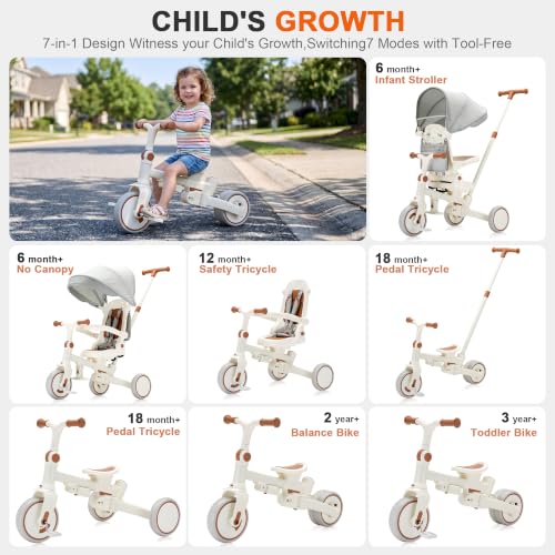 AOPEC 7-in-1 Foldable Toddler Tricycle Beige, Growth-Oriented Kids Bike 18 Months to 5 Years