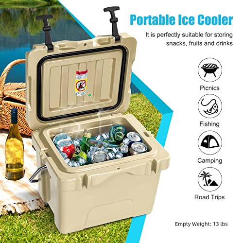 COSTWAY Khaki 16 Quart Insulated Cooler - Portable Ice Chest with Cup Holders
