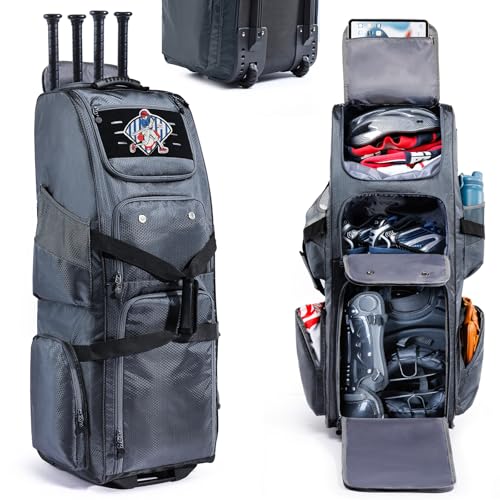 VIGEGARI Rolling Baseball Bat Bag with Wheels - Large Capacity Grey Sport Gear Bag for Bats & Equipment