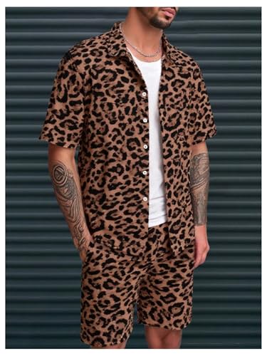 Men's Leopard Print Outfits Set - Button Down Shirt & Drawstring Shorts, Large Multicolor