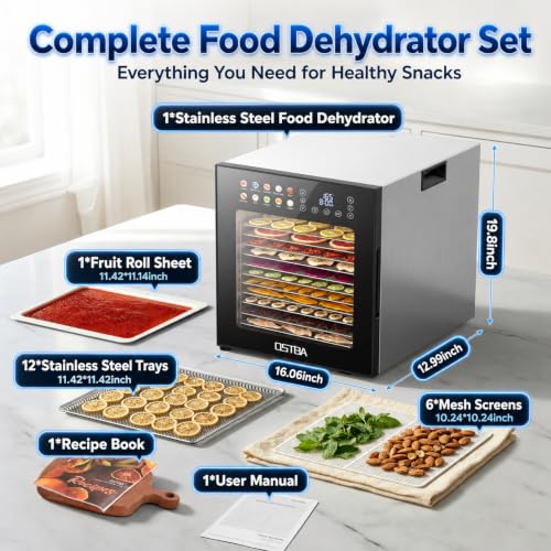 OSTBA Food Dehydrator 12 Trays Stainless Steel Silver & Black 850W Digital
