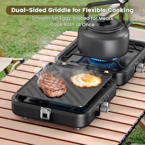2-Burner Portable Camping Stove with Foldable Griddle & Carrying Bag