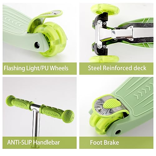 Kids 3 Wheel Scooter with Light Up Wheels, Adjustable Height, Sturdy Deck - Green