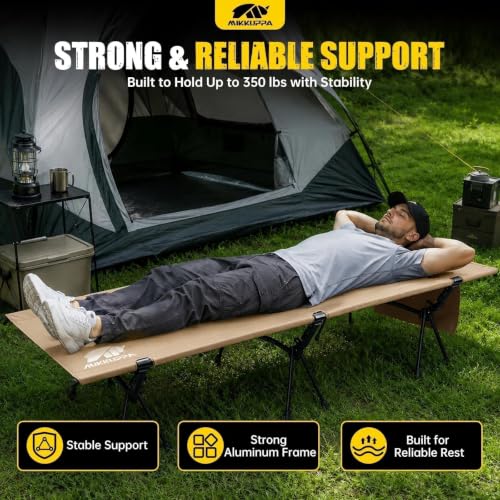 Portable Camping Cot Bed for Adults - Heavy-Duty Support with Inflatable Pillow, Khaki, 1 Pack