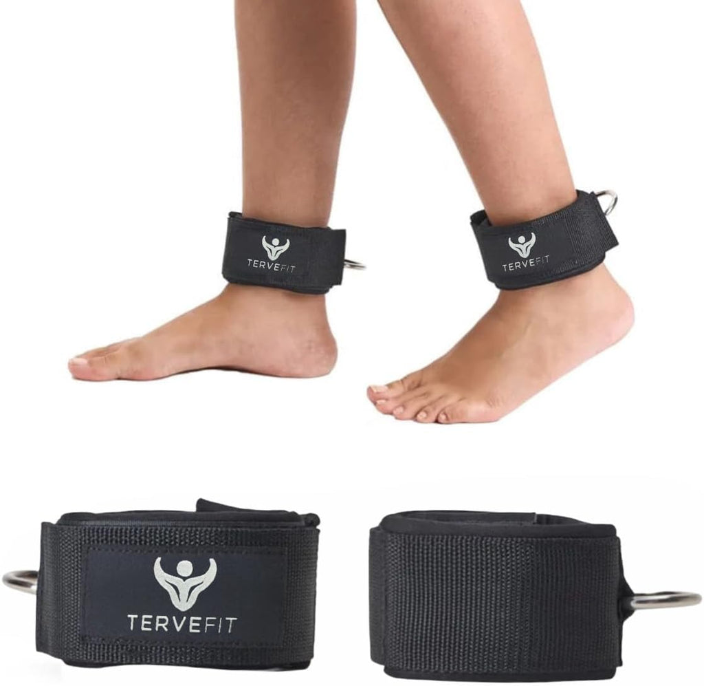 Tervefit Ankle Straps - Neoprene Padded Fitness Cuffs for High Strength Exercises | Black (2 Pack)