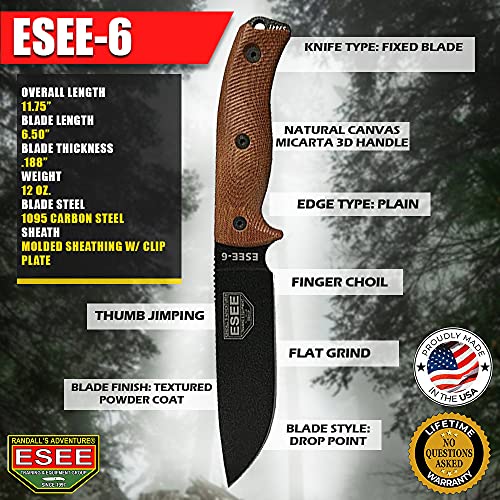 ESEE-6 Fixed Blade Knife with 1095 Carbon Steel Blade and Micarta Handle - Black Sheath, Variation: Black Blade, Natural Canvas Micarta 3D Handle