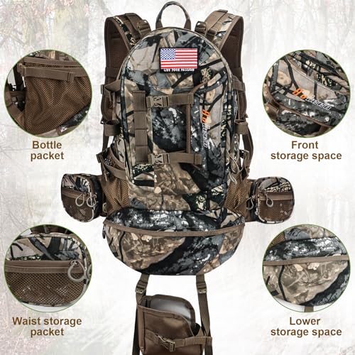 YVLEEN Forest Shadow Green Camo Hunting Backpack with Rifle & Bow Carry, Detachable Waist Pack