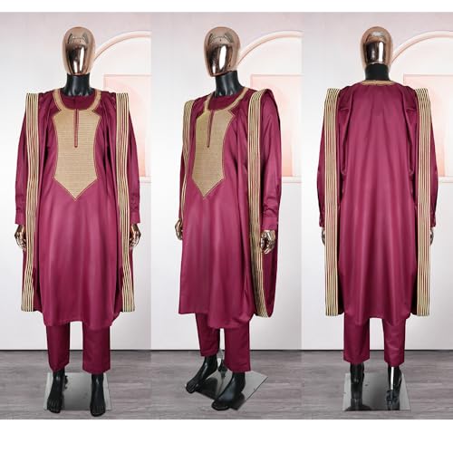 African Mens Traditional Attire Agbada Boubou Caftan Set - Red, XX-Large