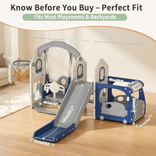 BIERUM 5-in-1 Bus Toddler Playground Set Blue & Gray for Kids 1-3
