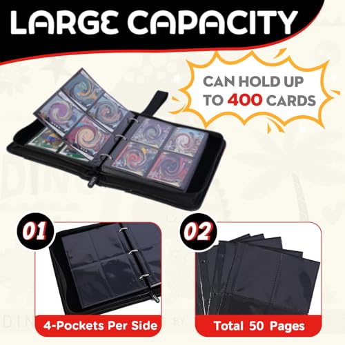 4 Pockets Card Binder - Can Hold 400 Cards with 50 Removable Sleeves - HD Digital Print, Black & 4 Elements