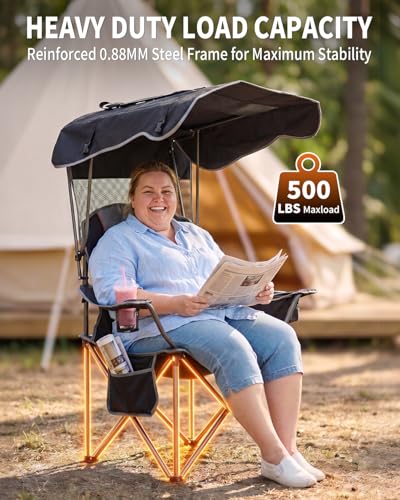 HOPERAN Camping Chair with Canopy & Cooler - Black, 500lbs Capacity, Portable
