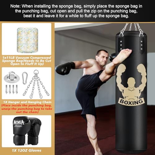 Black 4FT Filled Punching Bag for Adults with Gloves and Accessories