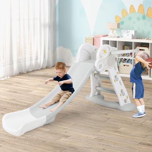 INFANS Grey 4-in-1 Toddler Indoor & Outdoor Playset with Slide, Basketball Hoop, Climber