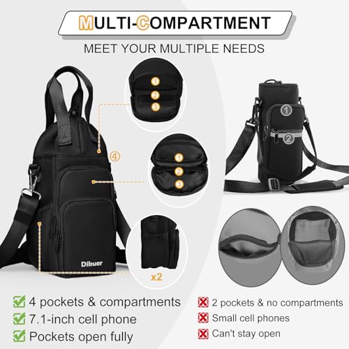 Black Crossbody Water Bottle Carrier Bag 32-40 oz with Phone Pocket - Dikuer
