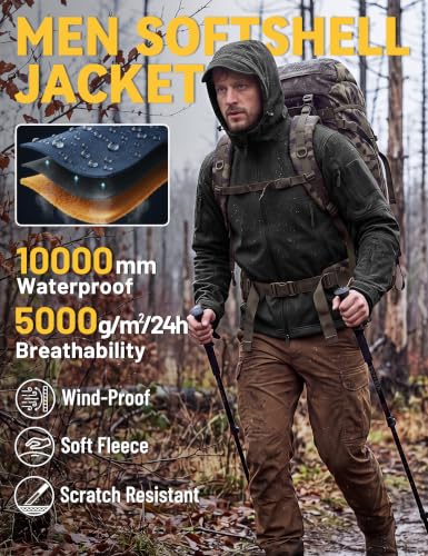 Men's Fleece Softshell Jacket Waterproof Winter Tactical Hooded - Large, Black